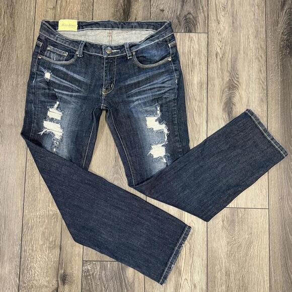 Machine Denim - Machine Nouvelle Mode Distressed Jeans Size 32 Blue Denim Straight Leg
